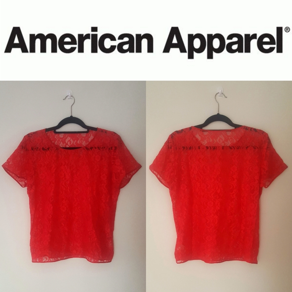American Apparel Red Satin Lace T-shirt Blouse USA